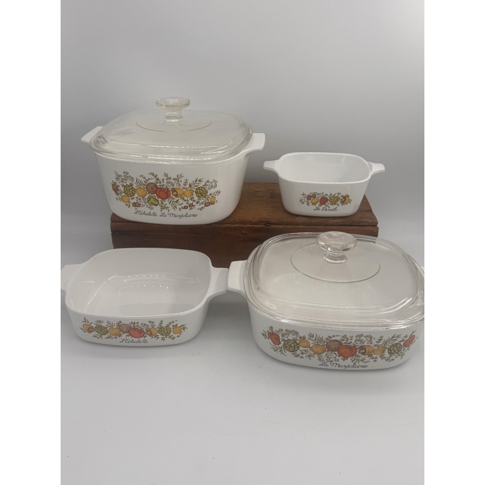Vintage Corning Ware Spice of Life 4 Casserole Dish Set 2 Glass Lids White Retro